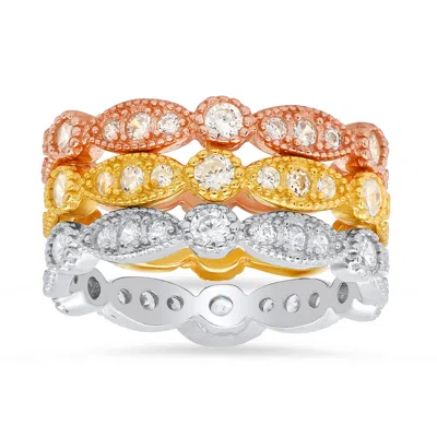 Kylie Harper Women's Tri Colour Three Pc Stackable Diamond Cz Ring Set In Sterling Silver In Grey