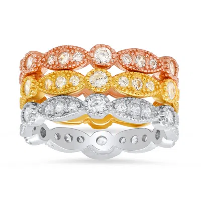 Kylie Harper Women's Tri Color Three Pc Stackable Diamond Cz Ring Set In Sterling Silver In Multi