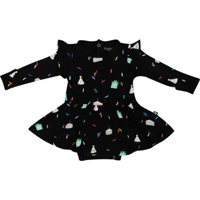 Kyte Baby Midnight Party Twirl Long Sleeve Skirted Bodysuit In Black