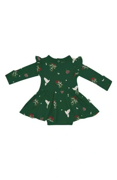 Kyte Baby Mistletoe Print Twirl Long Sleeve Skirted Bodysuit In Green