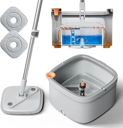 Kzkr Spin Mop And Bucket Set With Self Separation Dirty And Clean Water System, Self Wringing 360° Rotati In Gray
