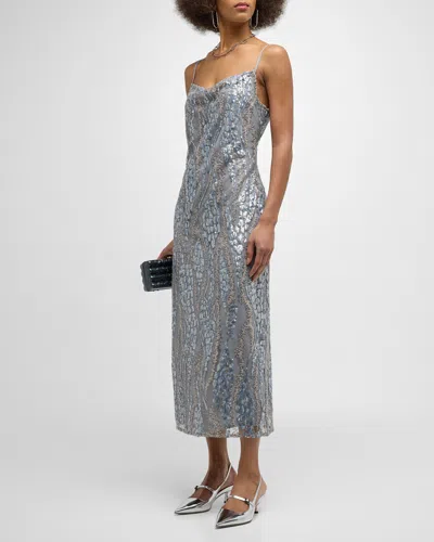 L Agence Achilles Cowl-neck Sequined Slip Dress In Silver/blue Abstr