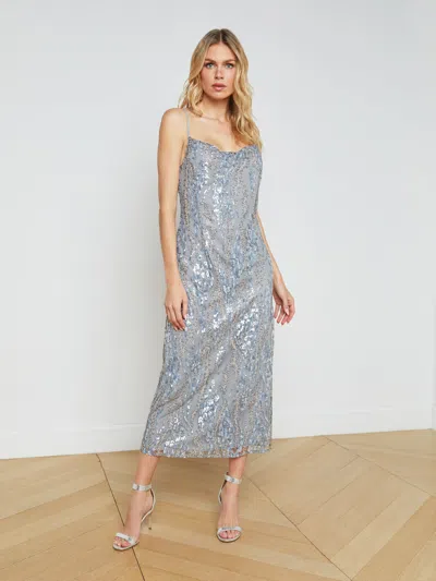 L Agence Achilles Sequinned Slip Dress In Silver Blue Abstract Sequin