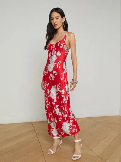 L Agence Akiya Satin Maxi Dress In Red/ivory Large Ikebana
