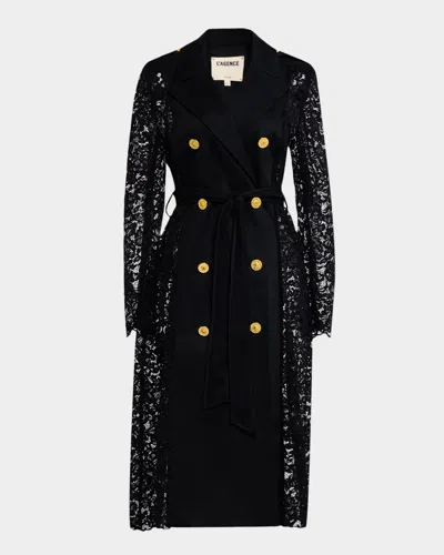 L Agence Amata Belted Lace Trench Coat In Black