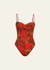 L AGENCE AMIE RED JUNGLE UNDERWIRE BANDEAU ONE-PIECE SWIMSUIT