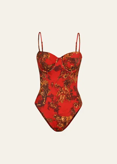 L Agence Amie Red Jungle Underwire Bandeau One-piece Swimsuit In Scarlet