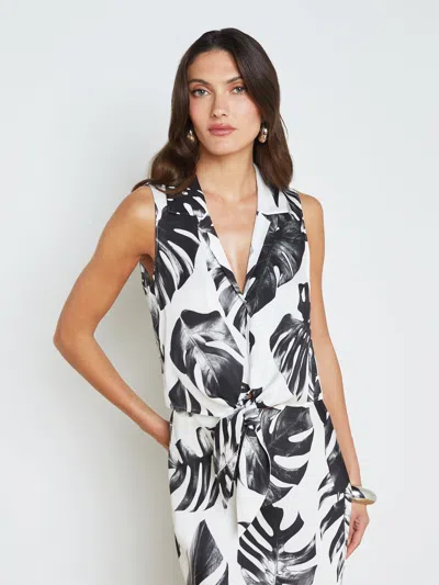 L Agence Amos Tie-front Blouse In Black/white Palm Leaves