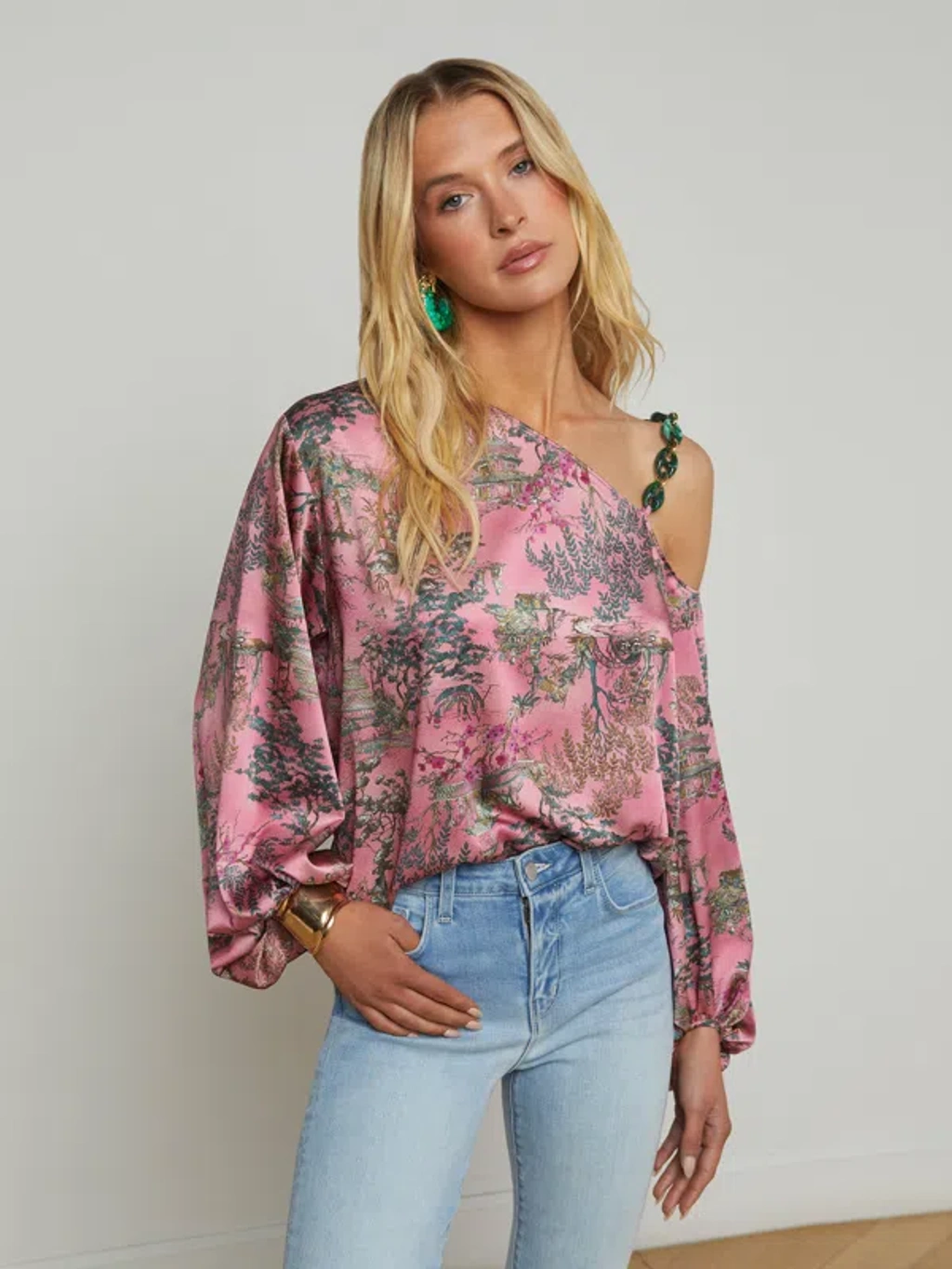 L Agence Asami Chain One-shoulder Blouse In Mauve Multi