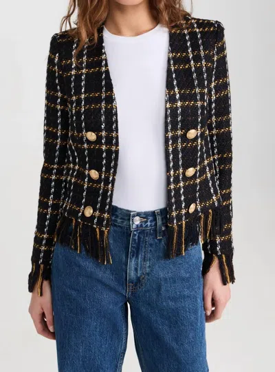 L'AGENCE BELMONT FRINGE JACKET IN BLACK YELLOW MULTI PLAID