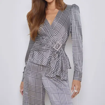 L Agence Bensen Buckle Wrap Blouse In Ivory/black Plaid In Grey