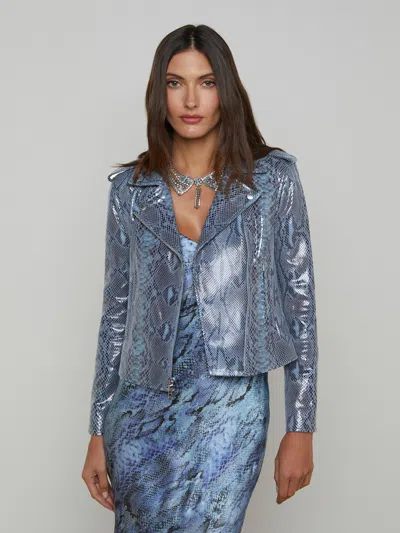 L'agence Biker Leather Jacket In Blue Snake