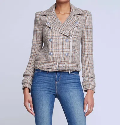 L Agence Billie Belted Jacket In Beige/blue Plaid In Grey