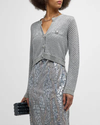 L Agence Blanca Sequined Cropped Cardigan In Silver