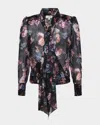 L Agence Camria Tie Neck Blouse In Black Multi Vintage Oil Flower In Black Multi Vintage Oil Flower