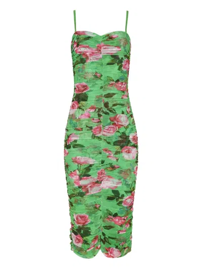 L Agence Caprice Rose-print Ruched Midi Dress In Green