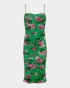 L Agence Caprice Rose-print Ruched Midi Dress In Green