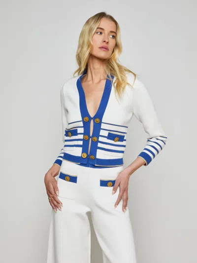 L Agence Catie Knit Cardigan In White/navy/gold