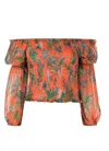 L AGENCE CECE SMOCKED OFF SHOULDER TOP IN ORANGE MULTI PARROT