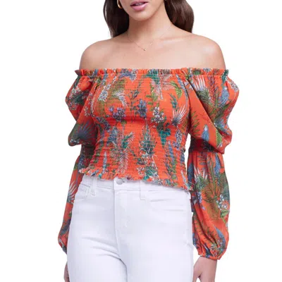 L Agence Cece Smocked Off Shoulder Top In Orange Multi Parrot