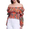 L Agence Cece Smocked Off Shoulder Top In Orange Multi Parrot In Multi