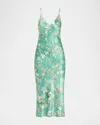L Agence Cherry Blossom Seridie Mid-length Slip Dress In Teal M Wc Cherry Blssm