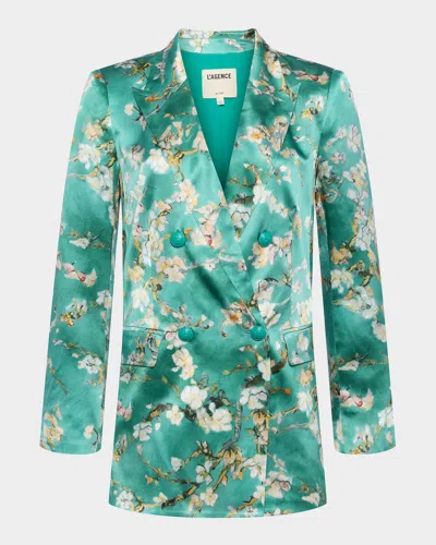 L Agence Cherry Blossom Taryn Double-breasted Blazer In Teal M Wc Cherry Blssm