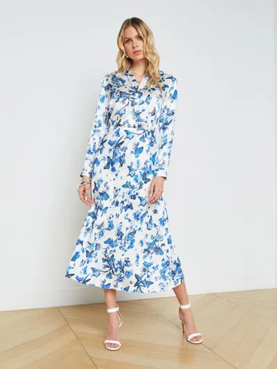 L Agence Clarisa Midi Skirt In White/blue Tonal Butterflies