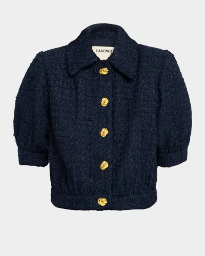 L Agence Cove Cropped Short-sleeve Tweed Jacket In Blue