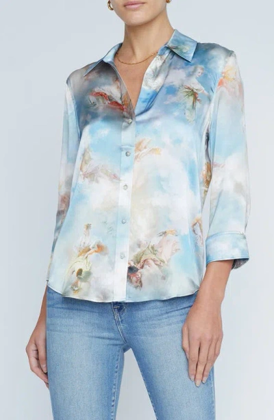 L Agence Dani Art Print Silk Button-up Shirt In Light Blue Multi