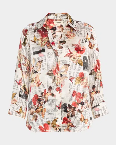 L Agence Dani Butterfly Rose Newspaper Silk Blouse In Multi