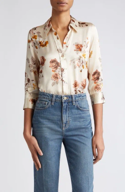 L Agence Dani Floral Silk Satin Button-up Shirt In Buff Multi Tonal Rose Floral