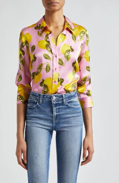 L Agence Dani Lemon Print Silk Blouse In Cotton Candy Multi Lemon