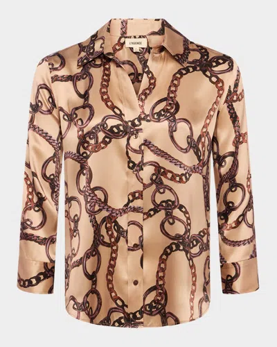 L Agence Dani Multi Chain Printed Silk Blouse In Almond Brown