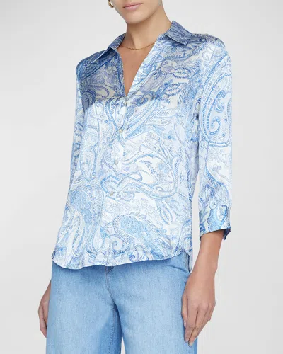 L Agence L'agence Dani Paisley Print Button Front Silk Shirt In Ivory Blue