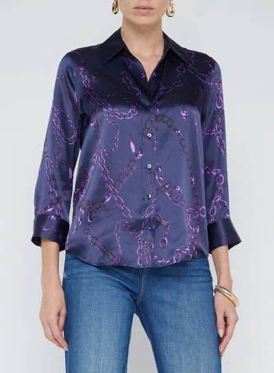 L Agence Dani Quarter Sleeve Blouse In Midnight/purple Sketch Chain In Multi
