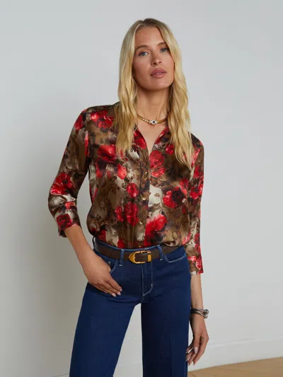 L Agence Dani Silk Blouse In Army/pink Floral