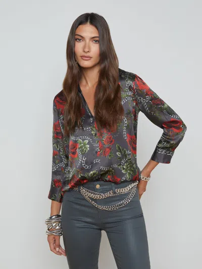 L Agence Dani Silk Blouse In Drk Shadowred Chain Roses
