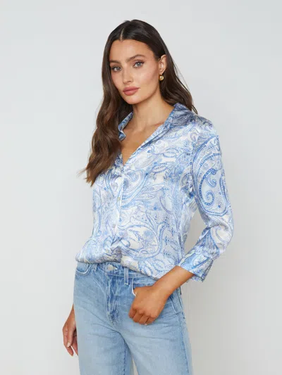 L Agence Dani Silk Blouse In Ivory Blue Decorated Paisley