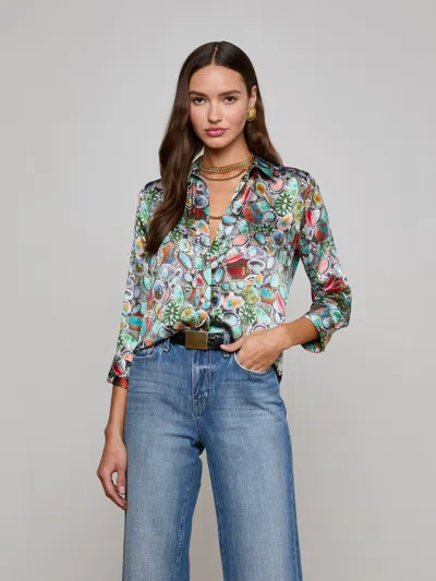 L Agence Dani Silk Blouse In Multi Mix Turquoise Rings