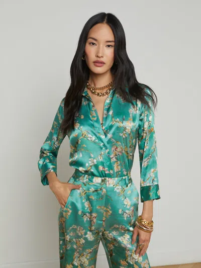 L'agence Dani Silk Blouse In Teal Multi Watercolor Cherry Blossom