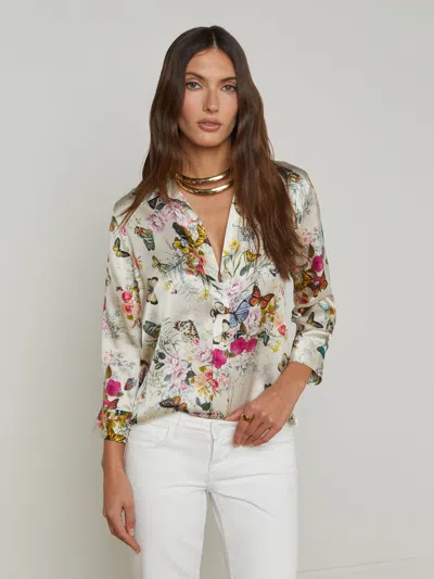 L Agence Dani Silk Blouse In Vintage White Butterlfy