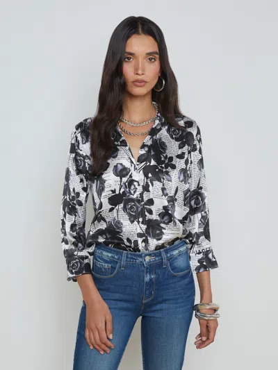 L'agence Dani Silk Blouse In White/black Rose Newspaper