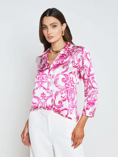 L Agence Dani Silk Blouse In White/pink Mediterranean Tile
