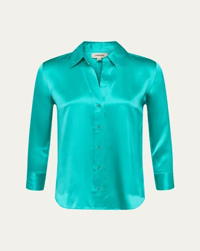L AGENCE DANI SILK SATIN 3/4-SLEEVE BUTTON-DOWN BLOUSE