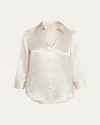 L Agence Dani Silk Satin 3/4-sleeve Button-down Blouse In Beige