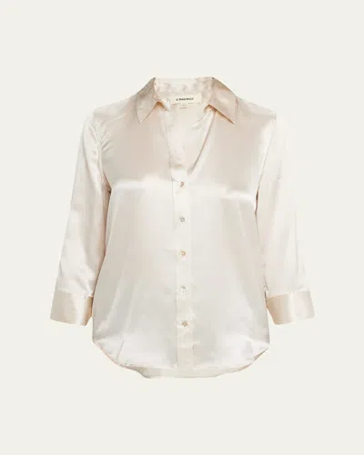 L Agence Dani Silk Satin 3/4-sleeve Button-down Blouse In Beige