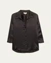 L Agence Dani Silk Satin 3/4-sleeve Button-down Blouse In Black