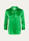 L'agence Dani Silk Satin 3/4-sleeve Button-down Blouse In Fern