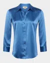 L Agence Dani Silk Satin 3/4-sleeve Button-down Blouse In Harbor Blue